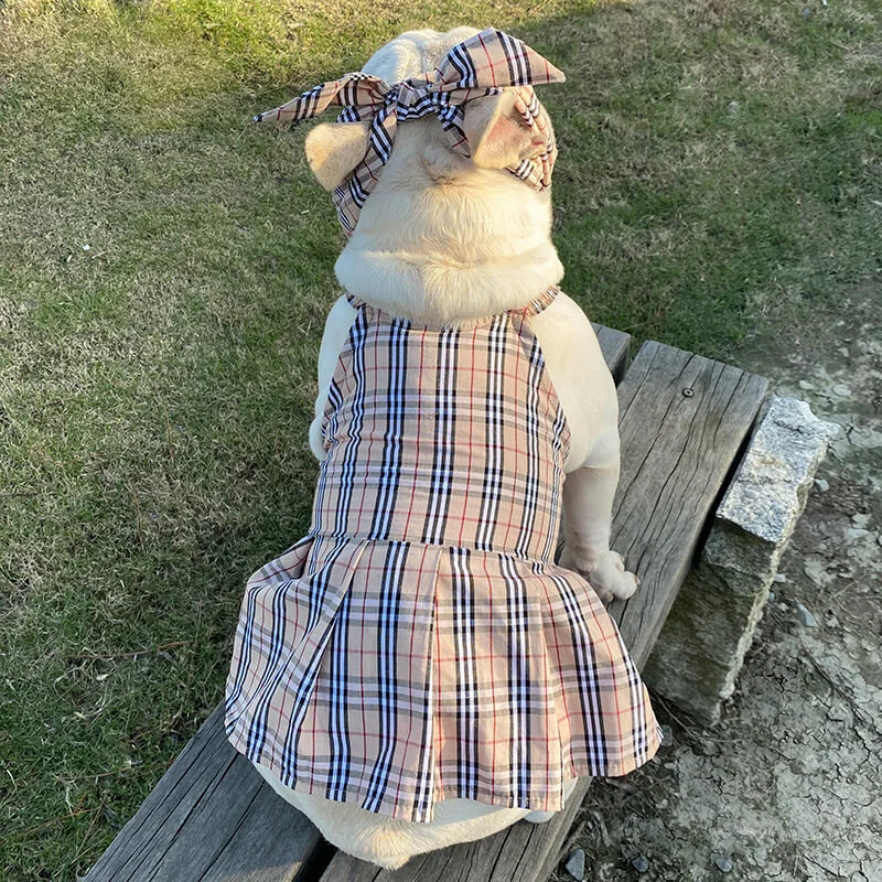 frenchies community plaid dog dress for female with head bow ties et